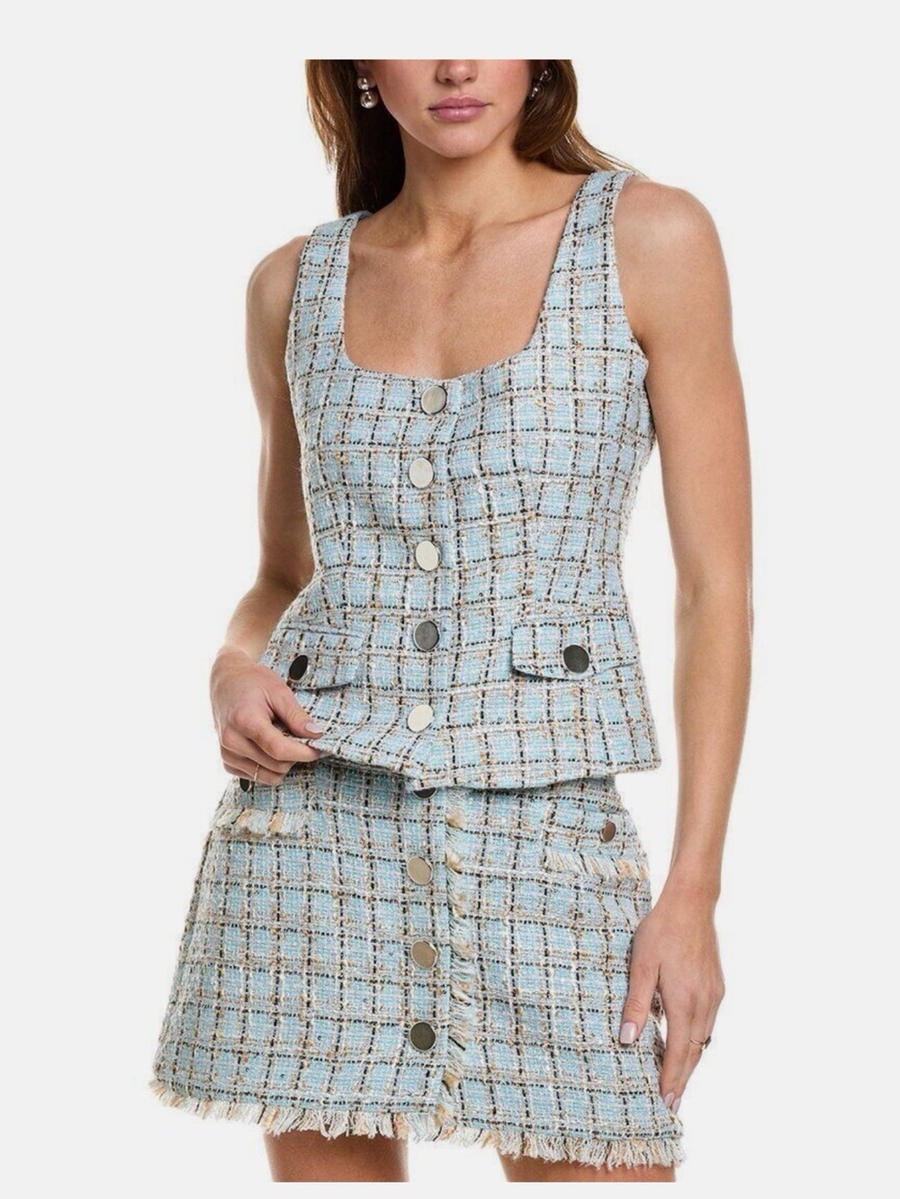 Light Blue Tweed Button Front Skirt Set